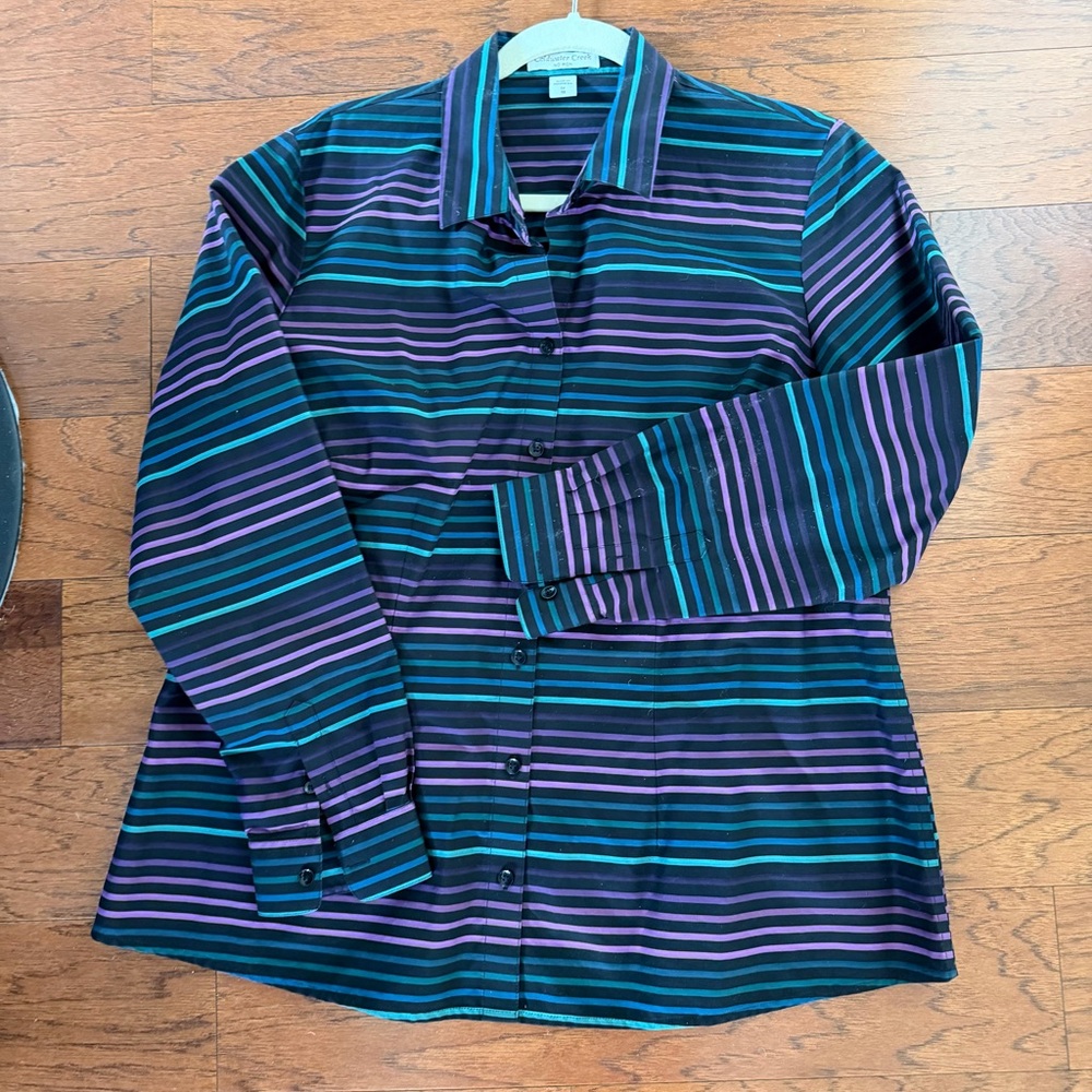 Coldwater Creek women’s  Striped Button-Up Shirt in Teal, Purple & Black size 1X